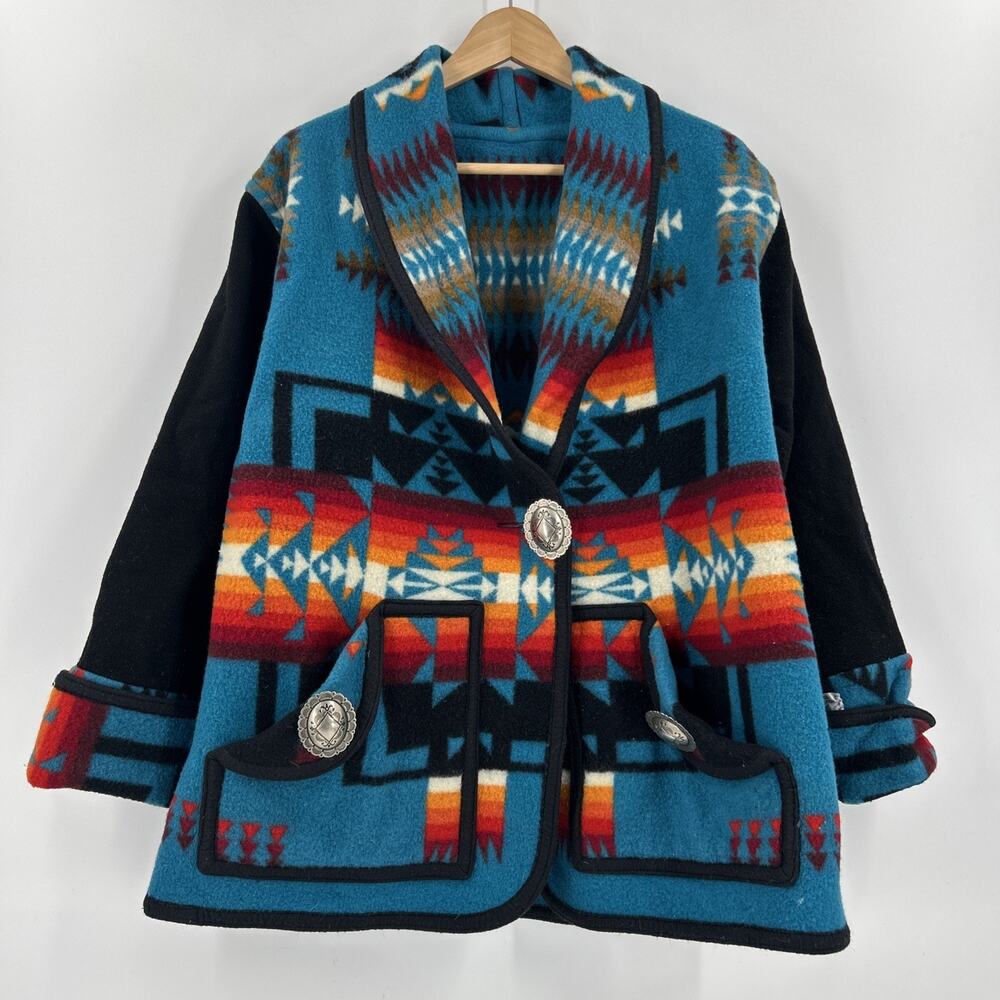 Vintage Santa Fe Coat Co Womens Size L Blue Wool Southwestern Chief Joseph